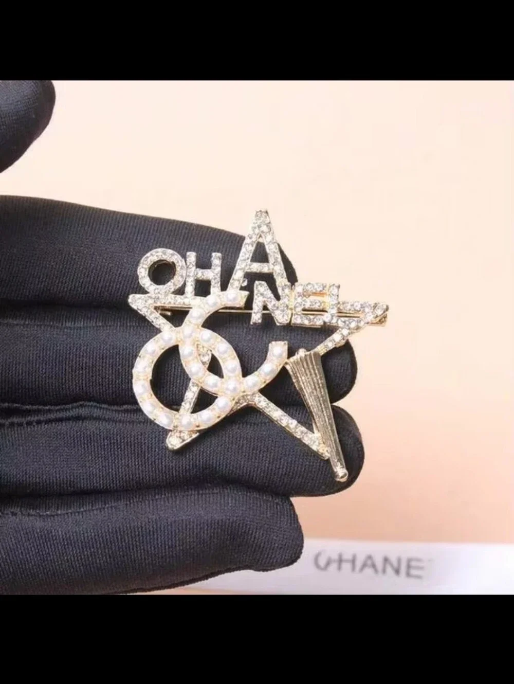Gold-Tone Star Brooch with Pearl CC Accents